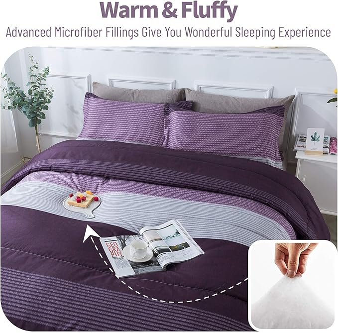 Andency Stripe Comforter Set Queen Size (90x90 Inch), 3 Pieces Purple and Gray Patchwork Striped Comforter, Soft Microfiber Down Alternative Comforter Bedding Set with Corner Loops