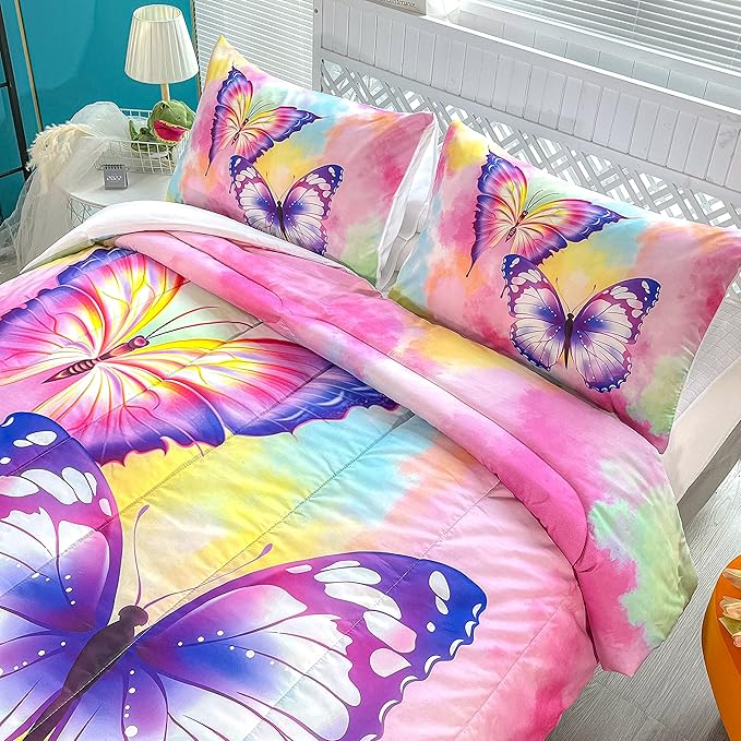 CVHOUSE Butterfly Bedding Set,Butterfly Comforter Twin,Butterfly Comforter Set for Girls Kids Teens,Butterflies Quilt Set with 1 Comforter and 2 Pillow Cases