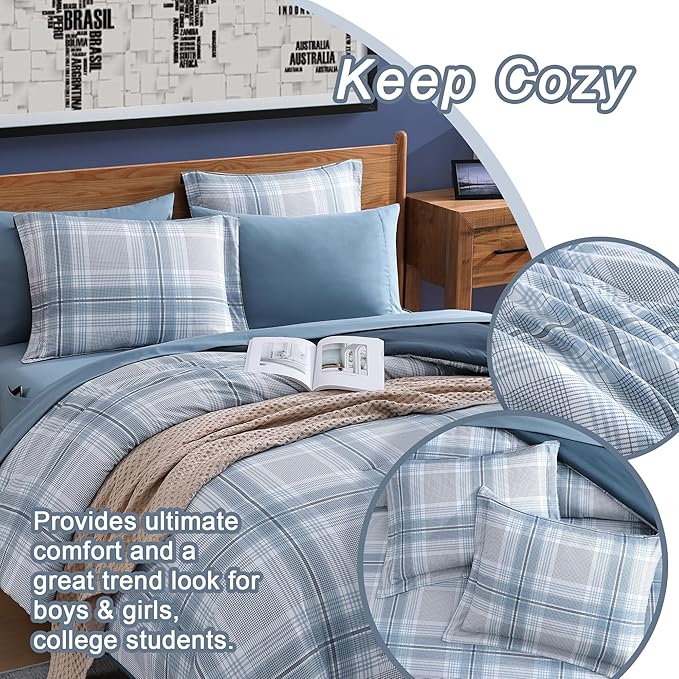 Light Blue Bedding Sets Full, Plaid Full Size Comforter Sets for Boys & Girls,Classic Homestead-style Comforter Full Size with Full Size Bed Sheets and Comforter Set