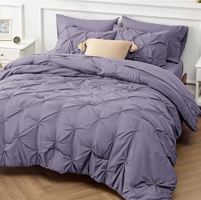 Bedsure Grayish Purple Comforter Set Queen - Bed in a Bag Queen 7 Pieces, Pintuck Beddding Sets Green Bed Set with Comforter, Sheets, Pillowcases & Shams