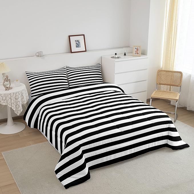 Striped Comforter Set Black and White Stripe Bedding Set Twin Kids Boys Girls Women Men Farmhouse Ticking Stripes Duvet Set Modern Geometric Lines Adults Abstract Gothic Home Decor Soft Reversible