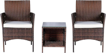BTEXPERT Outdoor Wicker Conversation 3 Piece Bistro Garden Patio Yard Porch Furniture Space Saving Pe Rattan Two Chairs Cushions Side Storage Glass Table Brown/Beige 3pc Set, OneSize