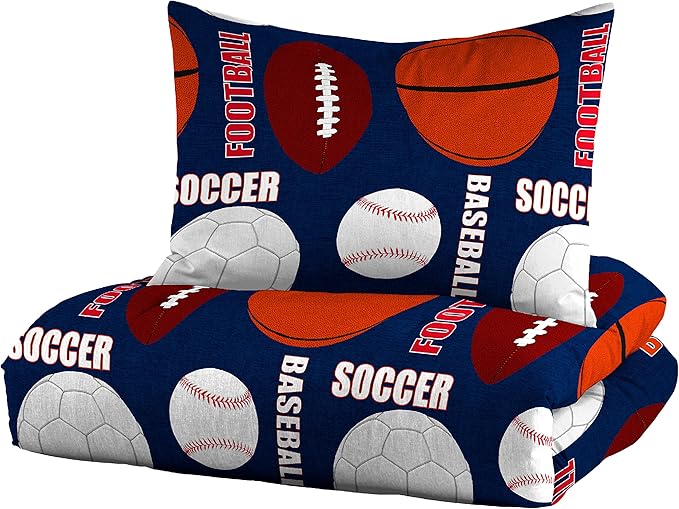 dream FACTORY Kids 5-Piece Complete Set Easy-Wash Super Soft Microfiber Comforter Bedding, Twin, Age range (3 to 10 Years), Navy All Sports