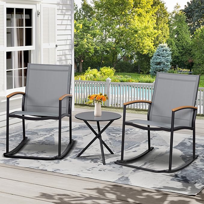 Shintenchi 3 Piece Outdoor Rocking Bistro Set, Textilene Fabric Small Patio Furniture Set, Front Porch Rocker Chairs Conversation Set with Table for Lawn, Garden, Balcony, Poolside (Light Gray)