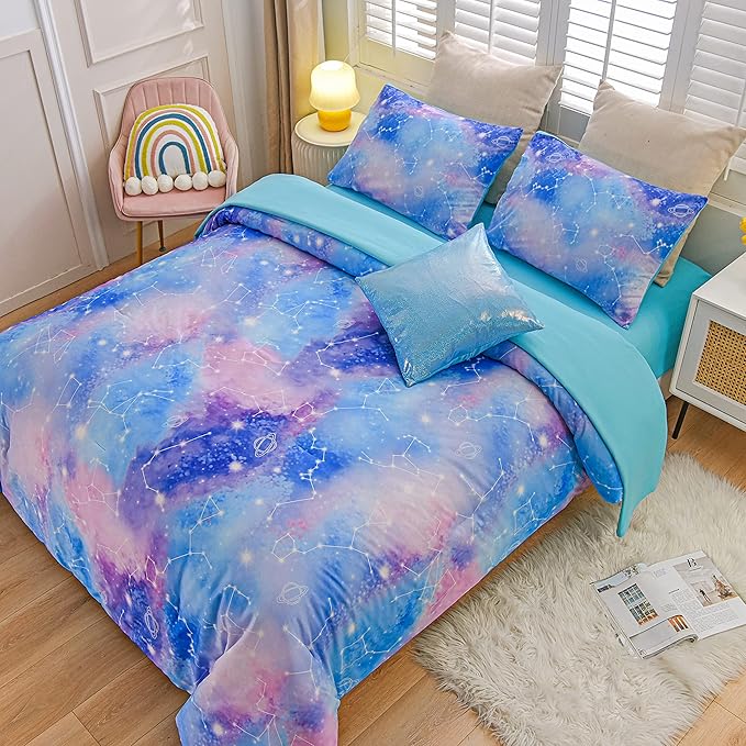 Btargot Lightweight Microfiber 6 Piece Comforter Set, Tie Dye Galaxy Constellation Pattern Bedding Set for Boys Girls Teen, Queen Blue Purple