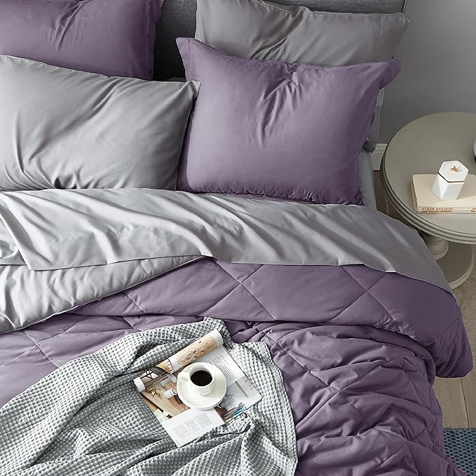 Bedsure Grayish Purple King Size Comforter Set - 7 Pieces Reversible King Bed in a Bag, King Bed Set Grayish Purple and Grey with Comforters, Sheets, Pillowcases & Shams