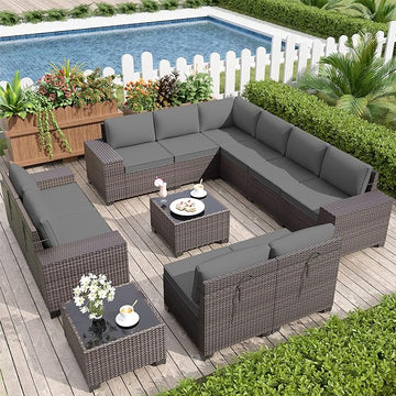 Patio Furniture Set Sofa 12-Pieces Wicker Sectional Sofa Set, Outdoor Furniture Rattan Patio Conversation Set with Thickened Cushions and Glass Coffee Table, Grey