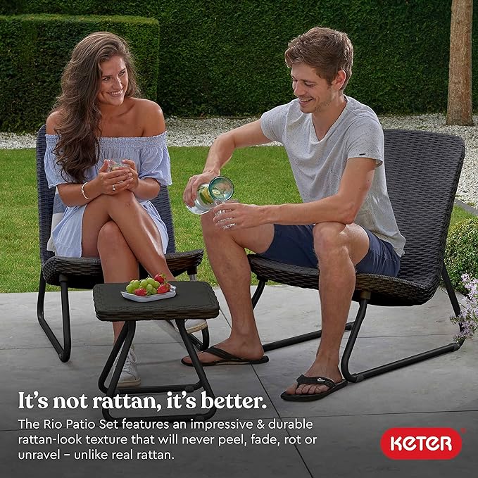 Keter Rio 3 Piece Resin Wicker Patio Furniture Set with Side Table and Outdoor Chairs, Dark Grey