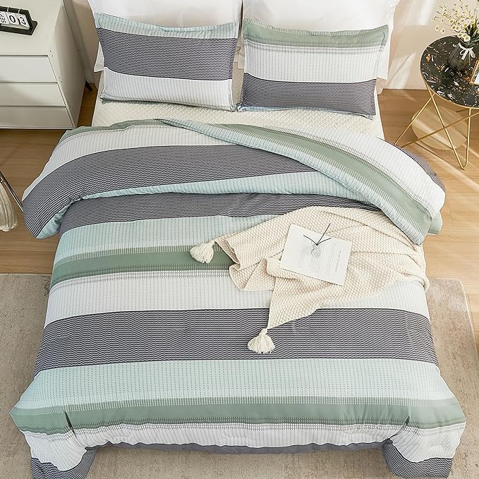 Litanika Comforter Full Size Set Sage Green - 3 Pieces Lightweight Bedding Comforter Sets, Green White Colorblock Stripe Fluffy Bed Set, All Season Down Alternative Bed Set