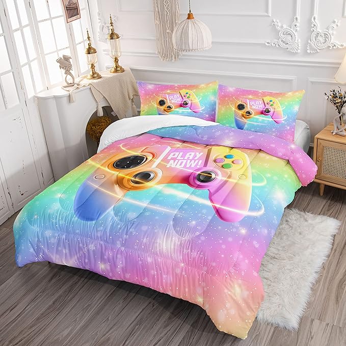 Datura home Bedding Comforter Set Rainbow Gamepad Printed Pattern Quilt with 1 and 2 Pillowcases for Girls Bedroom All Season(Rainbow Full) Full 80x90inches