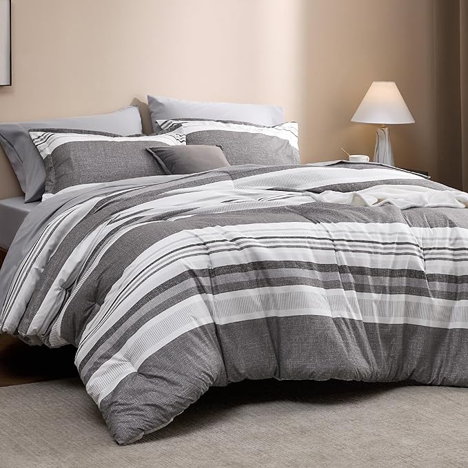 Bedsure Twin Comforter Set - 5 Pieces Grey White Striped Bedding Sets Twin Bed in A Bag with Comforters Twin Size, Sheets, Pillowcase & Sham, Bed Sets
