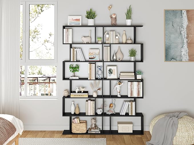 Yusong Bookshelf 6-Tier, Geometric Bookcase S Shaped Book Shelves for Bedroom, Modern Wood Decorative Display Shelf Tall Book Case for Home Office, Black