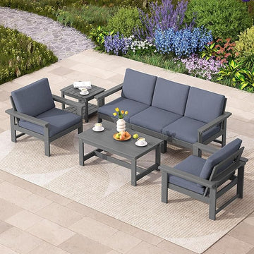 SERWALL HDPE Patio Coversation Set, 7-piece Outdoor Sectional Sofa Set, All Weather Patio Couch Set Patio Furniture for Balcony, Deck, Grey Frame with Grey Cushion