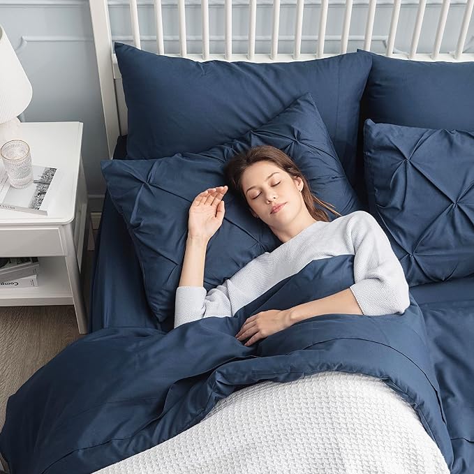 Bedsure California King Comforter Set - Cal King Bed Set 7 Pieces, Pinch Pleat Navy Blue Cali King Bedding Set with Comforter, Sheets, Pillowcases & Shams