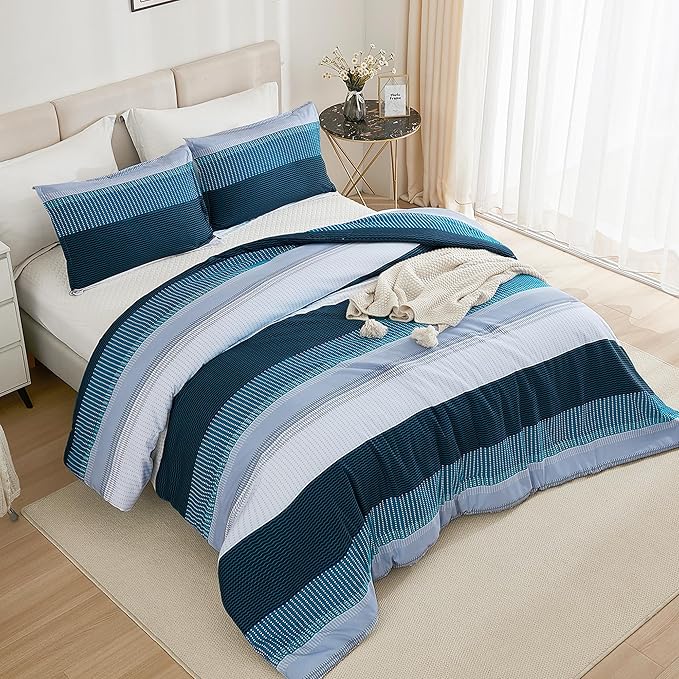 Litanika Navy Blue Comforter Full Size Set, 3 Pieces Bedding Set, Blue White Colorblock Stripe (79x90In Comforter & 2 Pillowcases)