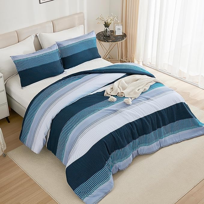 Litanika Navy Blue Comforter King Size Set, 3 Pieces Bedding Set, Blue White Colorblock Stripe (104x90In Comforter & 2 Pillowcases)