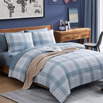 Light Blue Bedding Sets Full, Plaid Full Size Comforter Sets for Boys & Girls,Classic Homestead-style Comforter Full Size with Full Size Bed Sheets and Comforter Set