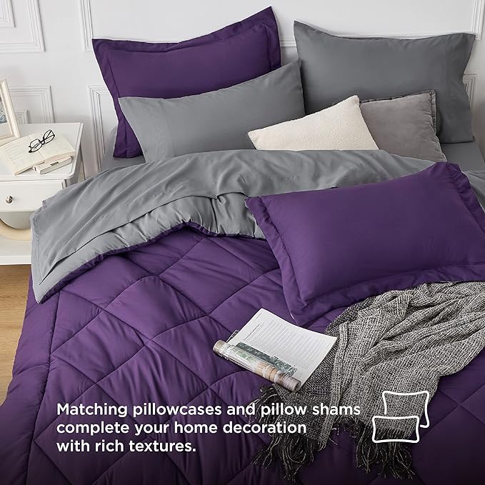 Bedsure Purple King Comforter Set - 7 Pieces Reversible Bed Set Bed in a Bag King with Comforters, Sheets, Pillowcases & Shams, King Bedding Sets