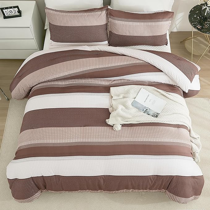 Litanika Brown Comforter Set Twin/Twin XL - 2 Pieces Lightweight Brown White Colorblock Stripe Fluffy Bedding Comforter Sets, All Season Bed Set