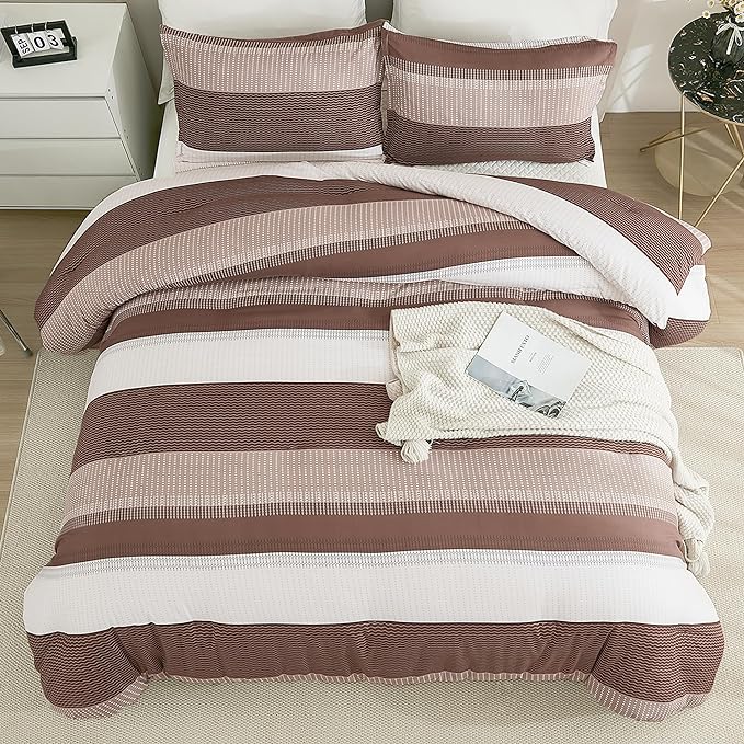 Litanika Brown Comforter Set California King - 3 Pieces Lightweight Brown White Colorblock Stripe Fluffy Bedding Comforter Sets, All Season Bed Set