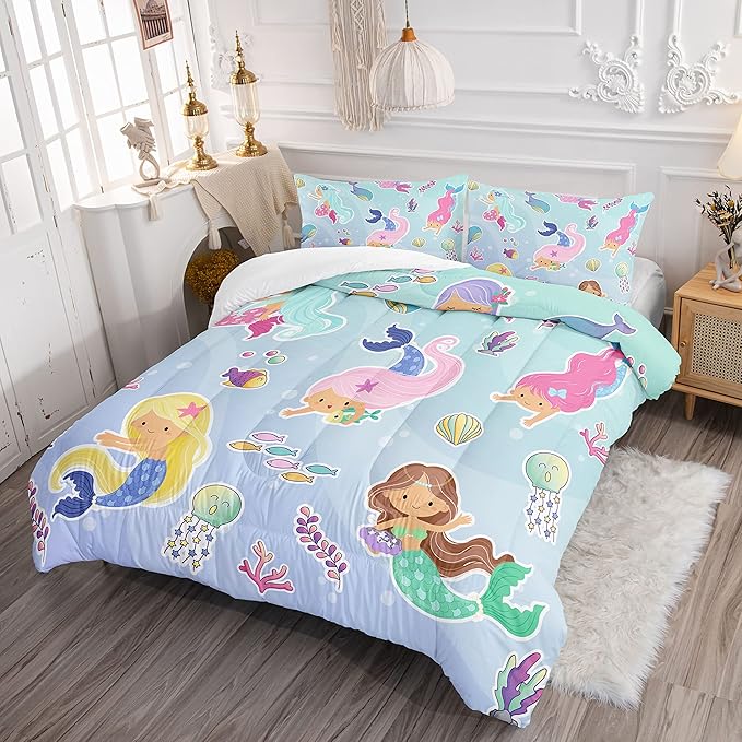 Datura home Mermaid Comforter Set, Kawaii Girls Blue Bedding with 2 Pillowcases, Queen 90x90inches