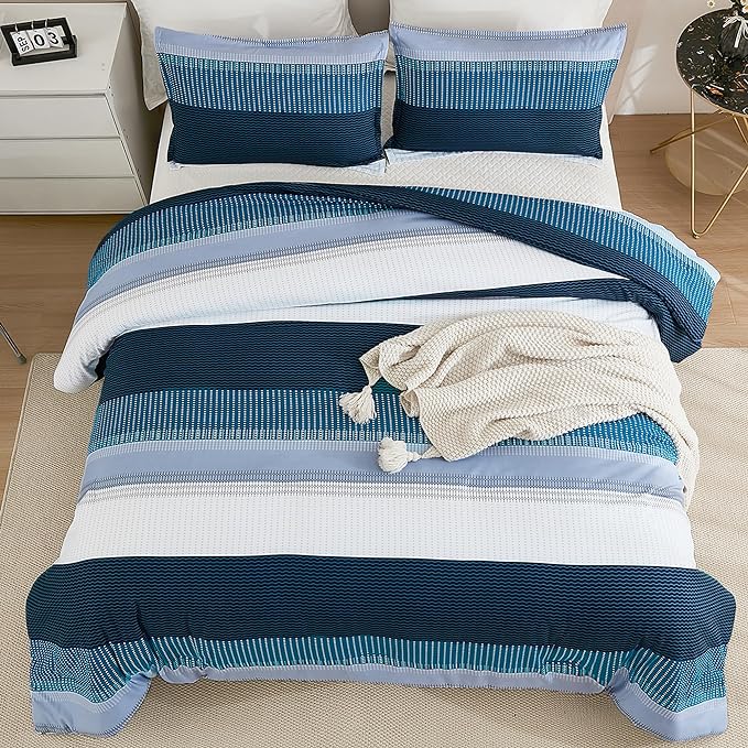 Litanika Navy Blue Comforter Full Size Set, 3 Pieces Bedding Set, Blue White Colorblock Stripe (79x90In Comforter & 2 Pillowcases)