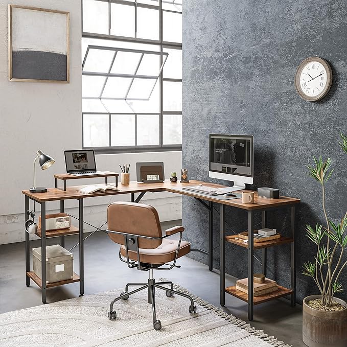 BANTI L Shaped Desk with Shleves, 50.4 inch Large Corner Desk with Two Storage, Space Saving, Easy to Assemble, Brown
