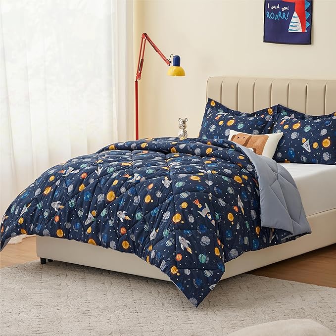 Twin Space Bedding Sets for Boys, 2 Pieces Kids Twin Comforter Sets, Super Soft Lightweight for All Seasons, Includes 1 Comforter (66"x86") and 1 Pillowcase (20"x26"+2")