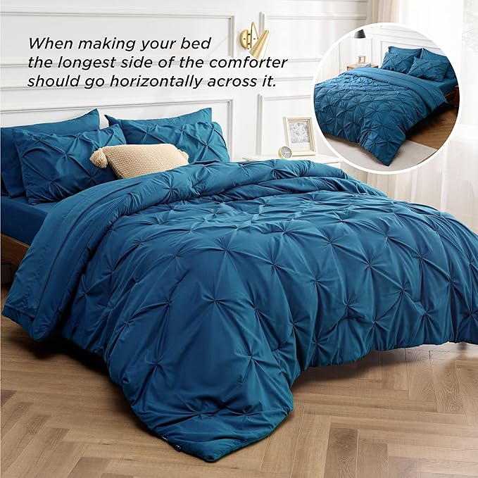 Bedsure Teal Comforter Set Queen - Bed in a Bag Queen 7 Pieces, Pintuck Bedding Sets Teal Blue Bed Set with Comforter, Sheets, Pillowcases & Shams