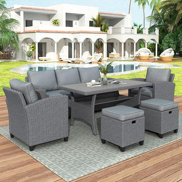 7 Pieces Patio Furniture Outdoor Sectional Sofa Conversation Set All Weather Wicker Rattan Couch Dining Table & Chair with Ottoman, OneSize, Cb-Grey