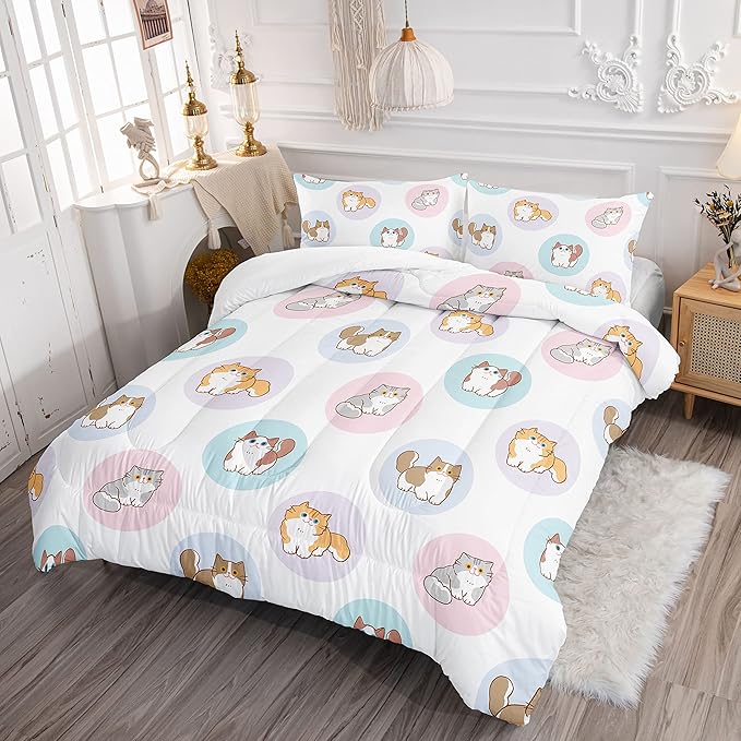 Datura home White Kawaii Cat Comforter Bedding Set for Girls Kitten White Print Cute Animal Pattern Bedding Set with 1 Comforter and 2 Pillowcases for Girls Bedroom All Season(Cat White Twin)