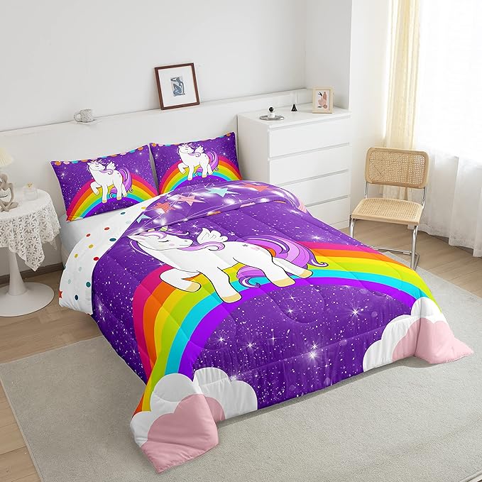 Girls Unicorn Comforter Set Twin Rainbow Bedding Set Cute Unicorn Glitter Down Comforter Kids Cartoon Kawaii Quilt Set Galaxy Stars Fantasy Room Decor Children Girly Unicorn Reversible Purple