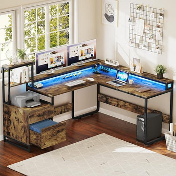 YITAHOME L Shaped Desk with Power Outlets & Hutch, Computer Desk with Drawers & LED Lights, Reversible Corner Office Desk with Printer Stand for Home Office, Rustic Brown