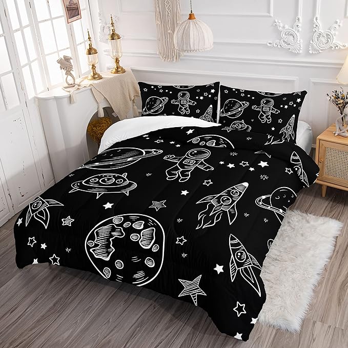 Datura home Kids Space Astronaut Comforter Set for Boys Kids Children,Galaxy Space Ship Astronaut Rocket Printed Bedding Set with 1 Comforter & 2 Pillowcases(Space Galaxy Queen), Queen 90x90inches