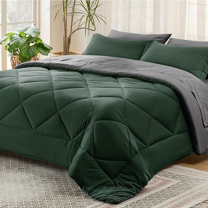 Bedsure Forest Green Twin Comforter Set - 5 Pieces Reversible Twin Bed in a Bag for College, Extra Long Twin Bed Set Forest Green and Grey with Comforters, Sheets, Pillowcase & Sham