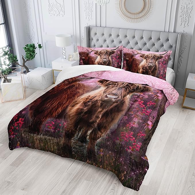 Cow Print Comforter Set Twin Size Cherry Blossoms Cow Bedding Set Farmhouse Animals Quilt Bed Set with 1 Comforter and 2 Pillowcases