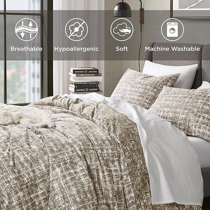 Hyde Lane Comforter King Size for Men, Taupe Modern Farmhouse Aesthetic Soft Bedding Set, Masculine Plaid Lines Pattern Bed Sets for All Season, 3 Pieces includes 1 Comforter, 2 Shams (104"x 90")