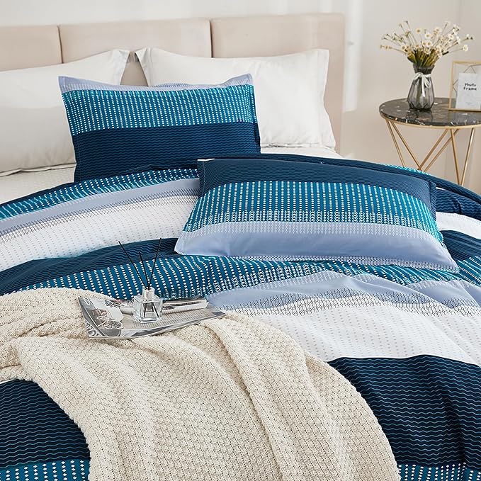 Litanika Navy Blue Comforter Full Size Set, 3 Pieces Bedding Set, Blue White Colorblock Stripe (79x90In Comforter & 2 Pillowcases)