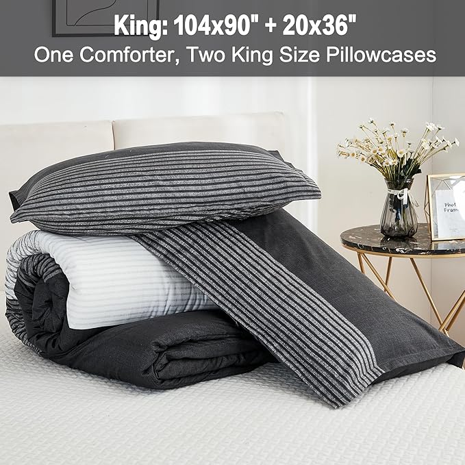 Litanika King Bed Comforter Set Black White Grey - 3 Pieces Lightweight Bedding Set, All Season Down Alternative Comforter (1 Comforter, 2 Pillowcases)