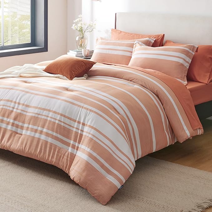 Bedsure Bed in a Bag King Size 7 Pieces, Burnt Orange White Striped Bedding Comforter Sets All Season Bed Set, 2 Pillow Shams, Flat Sheet, Fitted Sheet and 2 Pillowcases