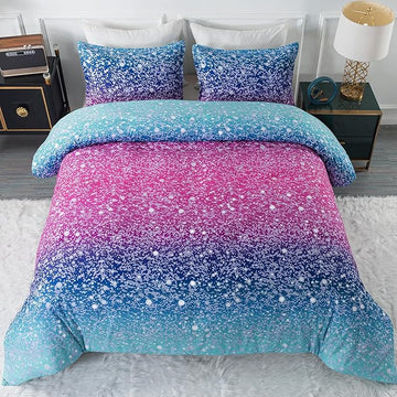 Litanika Galaxy Comforter Queen(90x90lnch), 3 Pieces(1 Blue Glitter Ombre Comforter, 2 Pillowcases), 3D Colorful Rainbow Bedding Set, Microfiber Comforter Set for Kid Boy Girl Teen