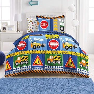 dream FACTORY Kids 5-Piece Complete Set Easy-Wash Super Soft Microfiber Comforter Bedding, Twin, Navy Blue Under Construction