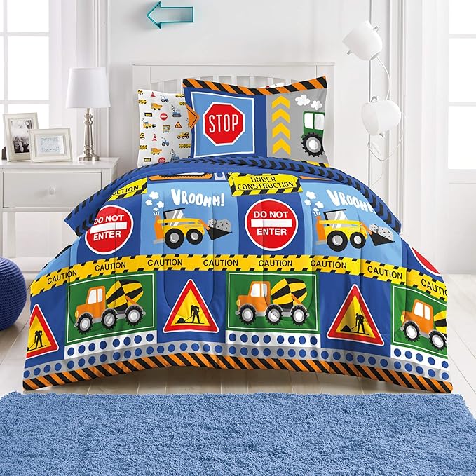 dream FACTORY Under Construction 7-Piece Microfiber Bag Comforter Bedding Set Super Soft-Full, Navy Blue,2D871902NY