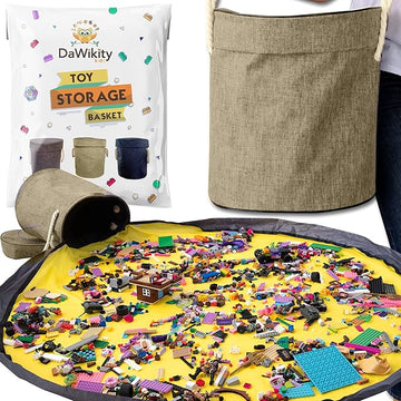 Toy Storage Basket and Play Mat - Building Bricks Toy Storage Organizer - Tidy with Ease - Toy Blocks Mat Storage Bag - Collapsible XL Kids Canvas Bag/Bin - Drawstring Playmat Boy/Girls-15"x14”(BEIGE)