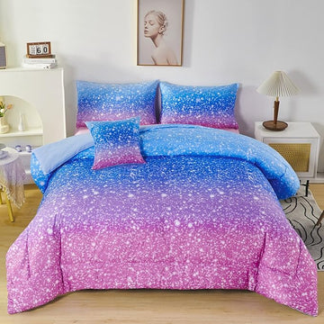 RYNGHIPY 6Pcs Sparkle Gradient Glitter Comforter Sets, Ombre Indigo Pink Gradient Bedding Set for Boys Girls, Rainbow Bed in A Bag Twin Size