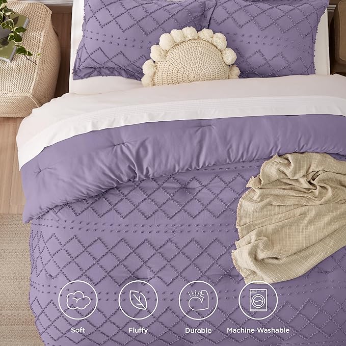 Bedsure Full Size Comforter Set - Grayish Purple Comforter, Boho Tufted Shabby Chic Bedding Comforter Set, 3 Pieces Farmhouse Bed Set for All Seasons, Fluffy Soft Bedding Set with 2 Pillow Shams