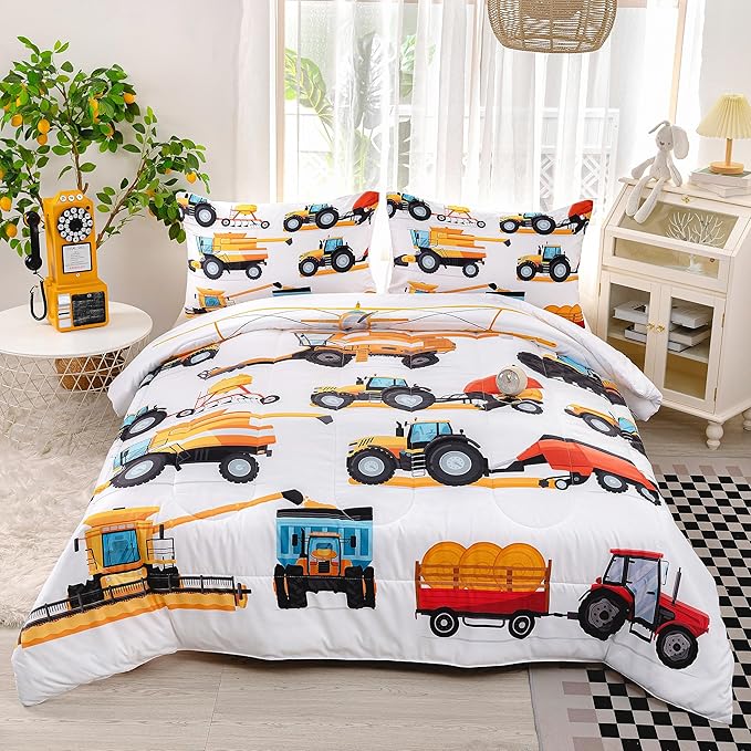 CVHOUSE Tractor Bedding Sets for Boys,Excavators Comforter Twin,Boys Cartoon Truck Comforter Set,Trucks Tractors Cars Quilt Set with 1 Comforter and 2 Pillow Cases- 3 Piece