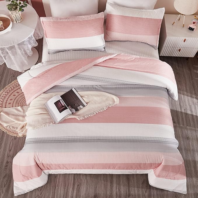 Litanika Pink California King Comforter Set - 3 Pieces Blush Cal King Oversized Lightweight Summer Colorblock Stripe Bedding Set (104x96In, 2 Pillowcases)