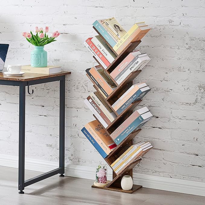 Hoctieon 10 Tier Tree Bookshelf, 10 Shelf Bookcase, Free Standing Tree Bookcase, Display Floor Standing Shelf for Books, Book Shelf Organizer, Rustic Brown