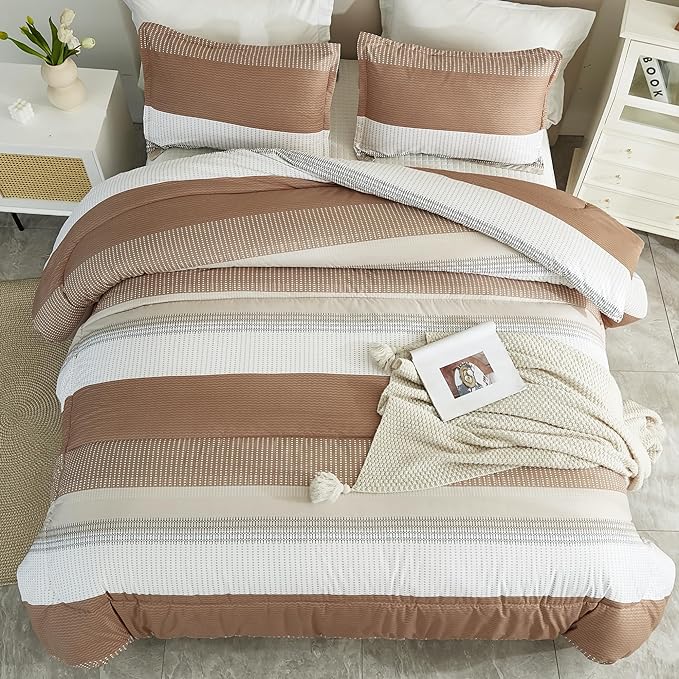 Litanika Beige California King Comforter Set, 3 Pieces Cal King Lightweight Taupe Khaki White Colorblock Stripe Bedding Comforter Sets, Fluffy Bed Set